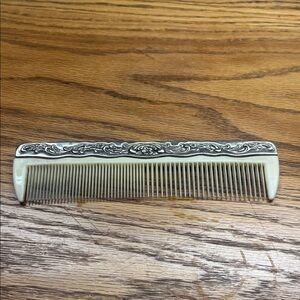Vintage Ornate Embossed Silver Plate & Beige Early Plastic Hair Comb- Vanity